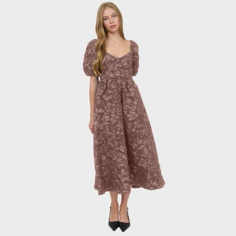 August Sky Floral Jacquard Sweetheart Neck Midi Dress Dusty Mauve Med #400